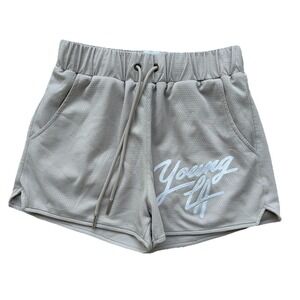 YoungLA Shorts Mens Small Beige Workout Gym Mesh Lifting Drawstring Elastic Logo